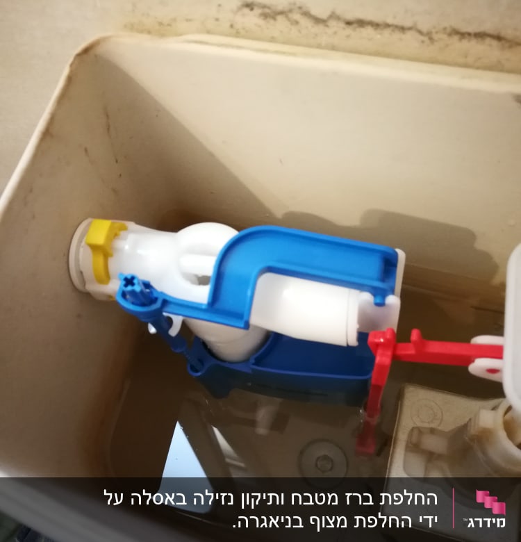 מנגנון מצוף פלסטיק כחול בתוך מיכל שירותים
